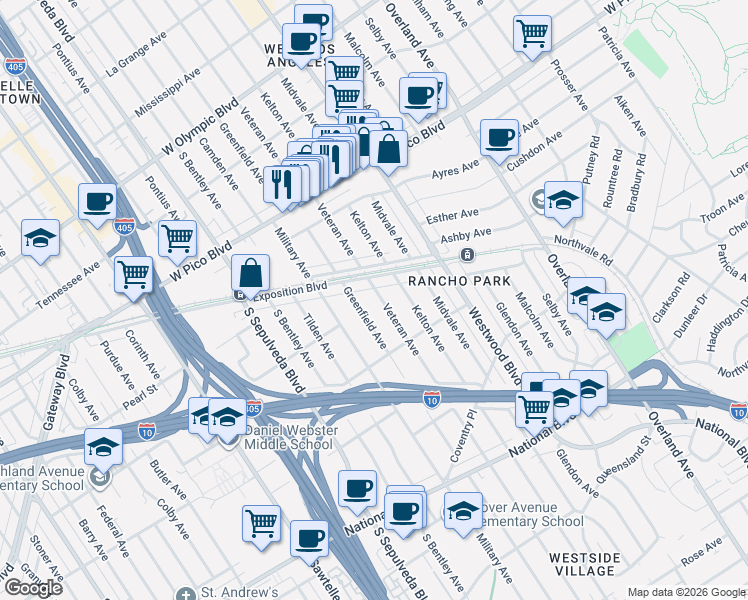map of restaurants, bars, coffee shops, grocery stores, and more near 2636 Veteran Avenue in Los Angeles
