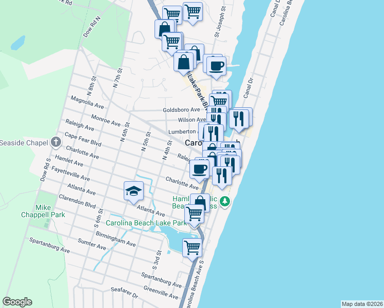 map of restaurants, bars, coffee shops, grocery stores, and more near 213 Harper Avenue in Carolina Beach