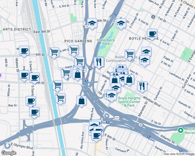 map of restaurants, bars, coffee shops, grocery stores, and more near 935 South Boyle Avenue in Los Angeles