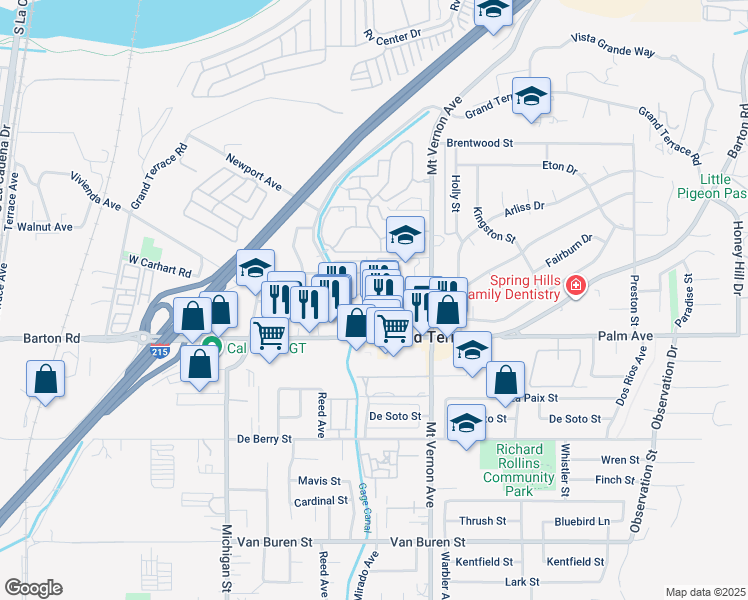 map of restaurants, bars, coffee shops, grocery stores, and more near 12012 Aspen Circle in Grand Terrace