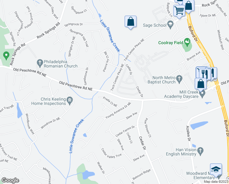 map of restaurants, bars, coffee shops, grocery stores, and more near 2406 Suwanee Pointe Drive in Lawrenceville