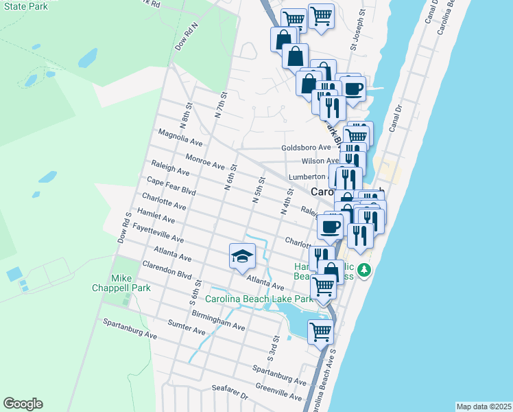 map of restaurants, bars, coffee shops, grocery stores, and more near 418 Cape Fear Boulevard in Carolina Beach