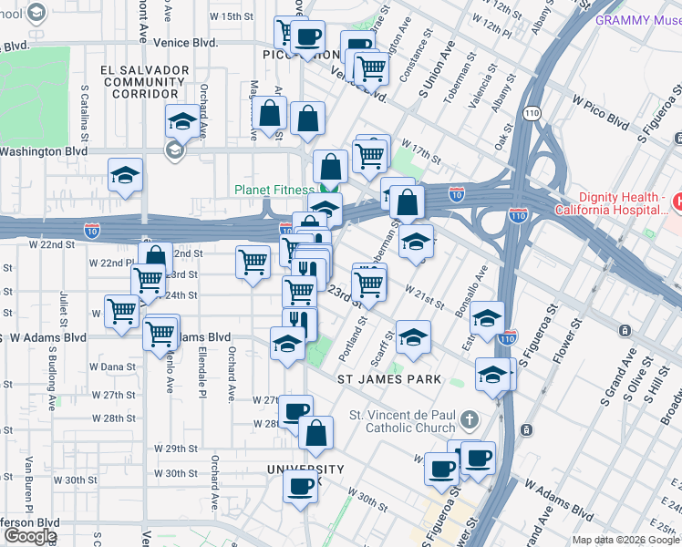 map of restaurants, bars, coffee shops, grocery stores, and more near 1034 West 22nd Street in Los Angeles