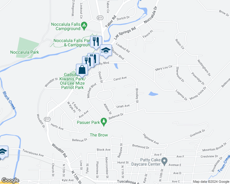 map of restaurants, bars, coffee shops, grocery stores, and more near 134 Washington Circle in Gadsden