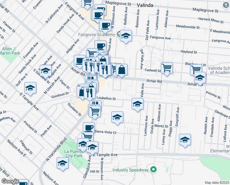 map of restaurants, bars, coffee shops, grocery stores, and more near 903 Fickewirth Avenue in La Puente