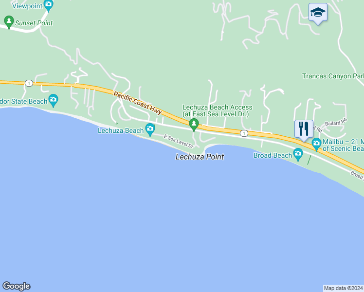map of restaurants, bars, coffee shops, grocery stores, and more near 31636 Sea Level Drive in Malibu