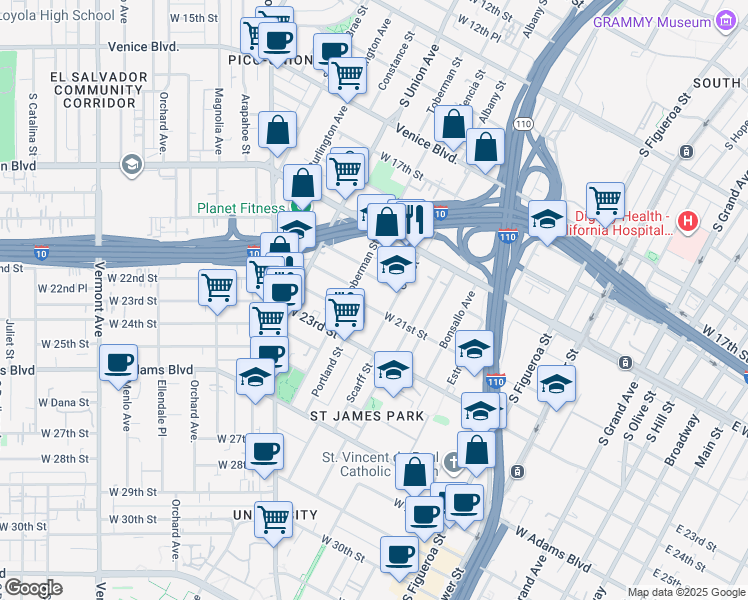 map of restaurants, bars, coffee shops, grocery stores, and more near 907 West 21st Street in Los Angeles