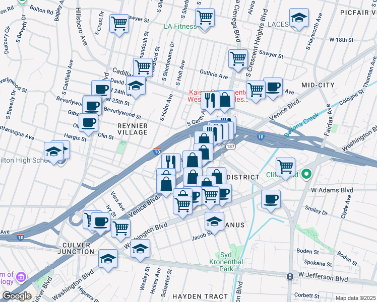 map of restaurants, bars, coffee shops, grocery stores, and more near 8645 Olin Street in Los Angeles