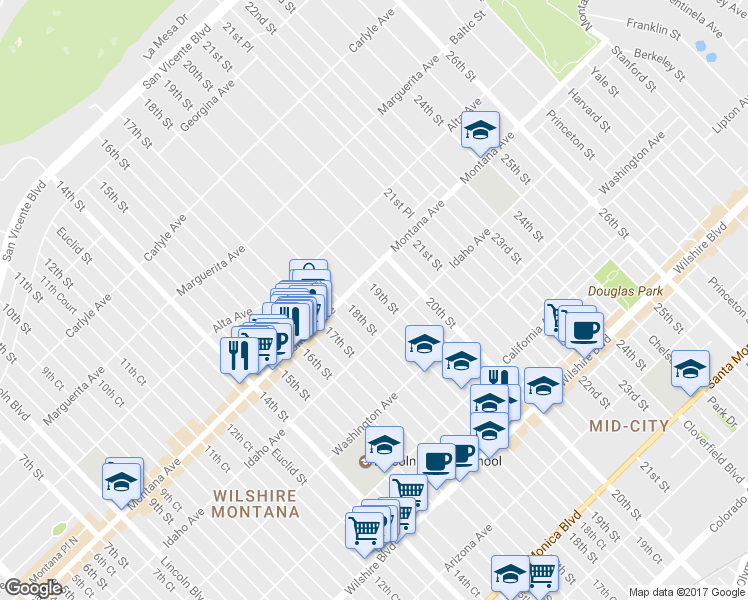 map of restaurants, bars, coffee shops, grocery stores, and more near in Santa Monica