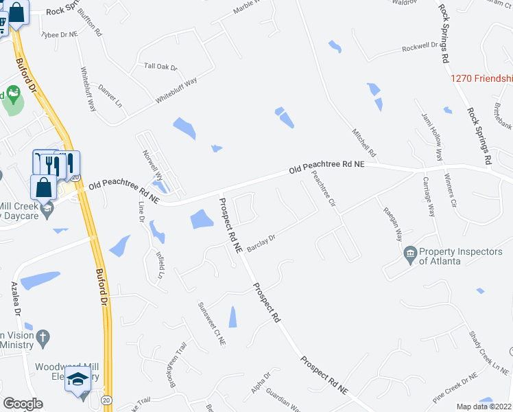 map of restaurants, bars, coffee shops, grocery stores, and more near 1479 Wilford Drive Northeast in Lawrenceville