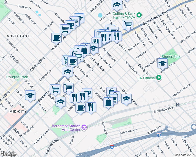 map of restaurants, bars, coffee shops, grocery stores, and more near 3121 Colorado Avenue in Santa Monica