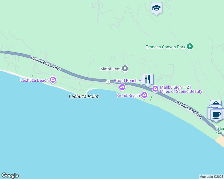 map of restaurants, bars, coffee shops, grocery stores, and more near 31388 Broad Beach Road in Malibu