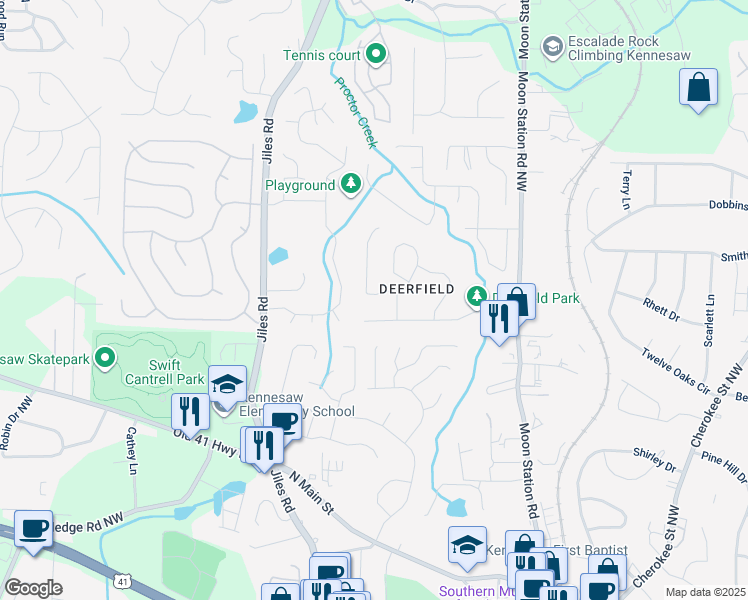 map of restaurants, bars, coffee shops, grocery stores, and more near 5591 Deerfield Place in Kennesaw