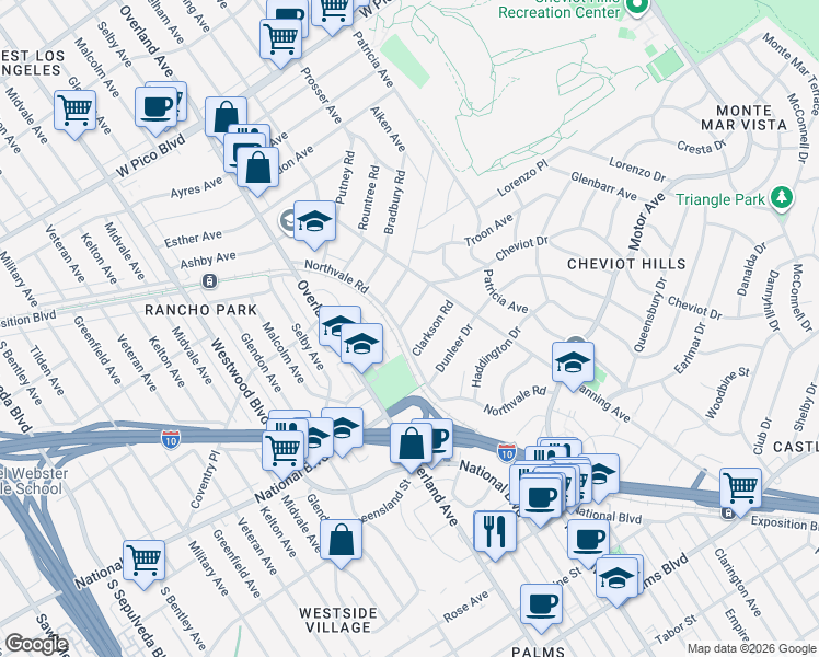 map of restaurants, bars, coffee shops, grocery stores, and more near 10550 Clarkson Road in Los Angeles