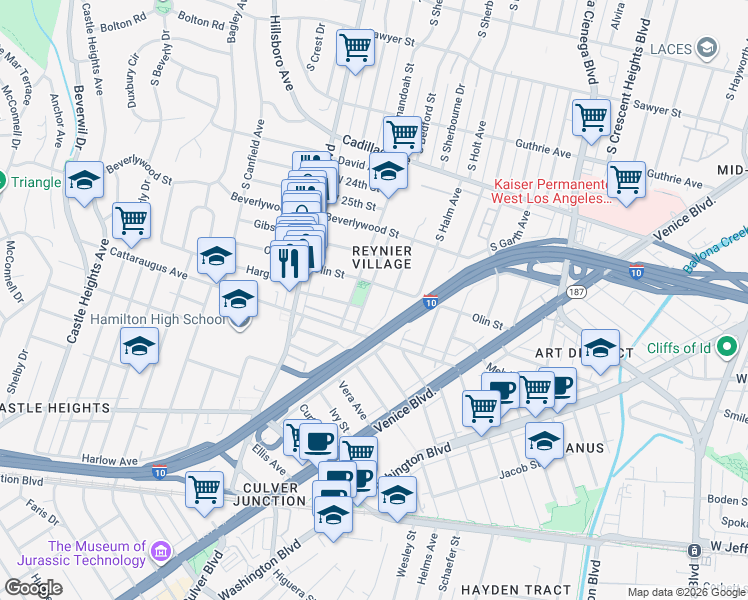 map of restaurants, bars, coffee shops, grocery stores, and more near 2828 Reynier Avenue in Los Angeles