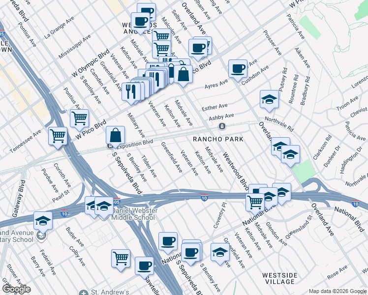 map of restaurants, bars, coffee shops, grocery stores, and more near 2636 Veteran Avenue in Los Angeles