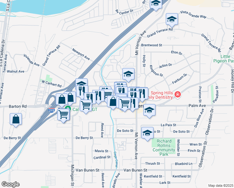 map of restaurants, bars, coffee shops, grocery stores, and more near 12016 Aspen Circle in Grand Terrace