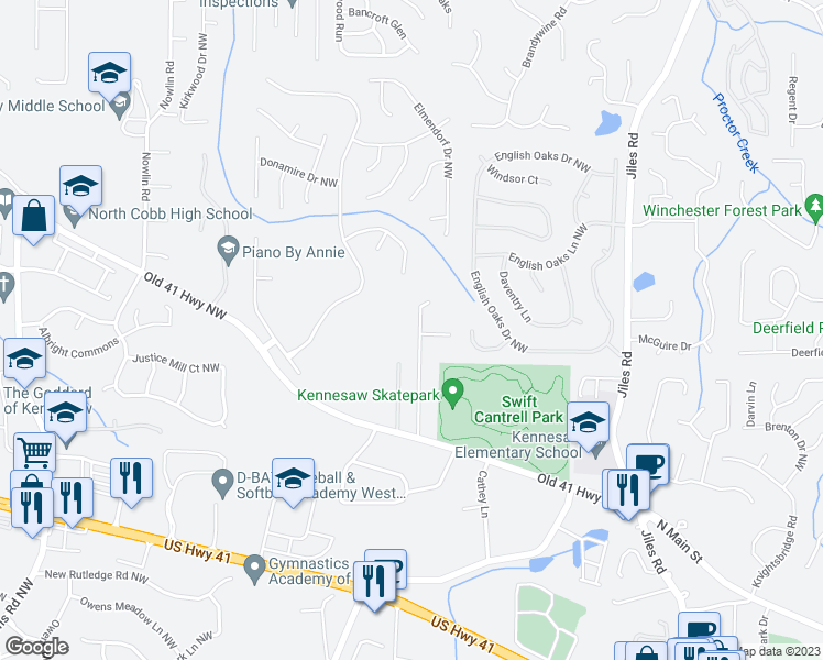 map of restaurants, bars, coffee shops, grocery stores, and more near 3339 Kimberly Road Northwest in Kennesaw