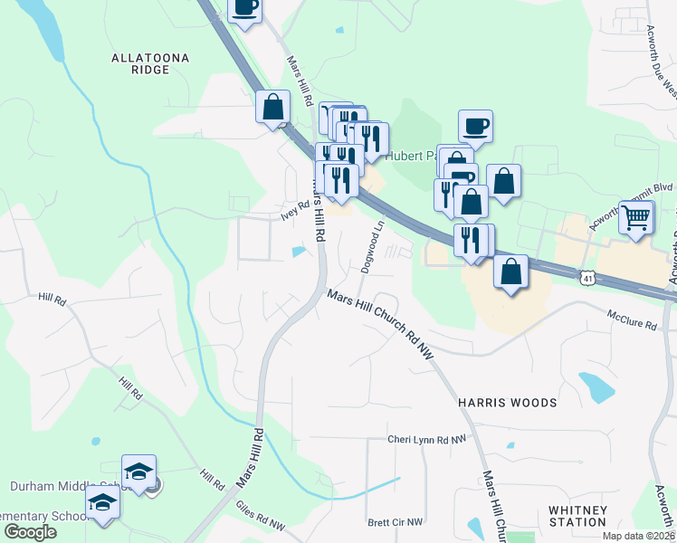 map of restaurants, bars, coffee shops, grocery stores, and more near 4927 Ansbury Place in Acworth