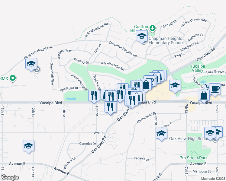 map of restaurants, bars, coffee shops, grocery stores, and more near 33361 Wallace Way in Yucaipa