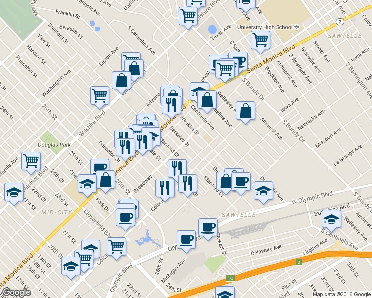 map of restaurants, bars, coffee shops, grocery stores, and more near 1512 Berkeley Street in Santa Monica