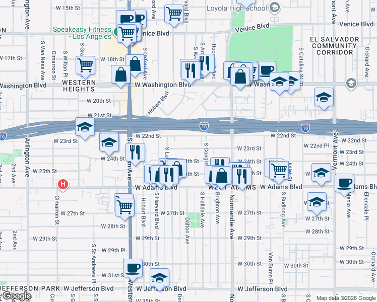 map of restaurants, bars, coffee shops, grocery stores, and more near 1922 West 23rd Street in Los Angeles