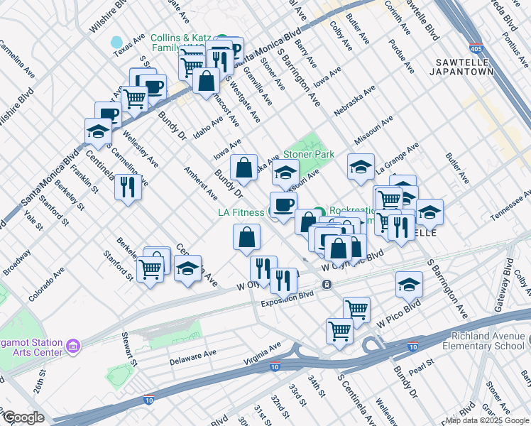 map of restaurants, bars, coffee shops, grocery stores, and more near 11998 Missouri Avenue in Los Angeles