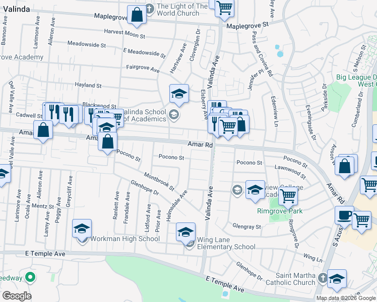 map of restaurants, bars, coffee shops, grocery stores, and more near 917 Helmsdale Avenue in La Puente