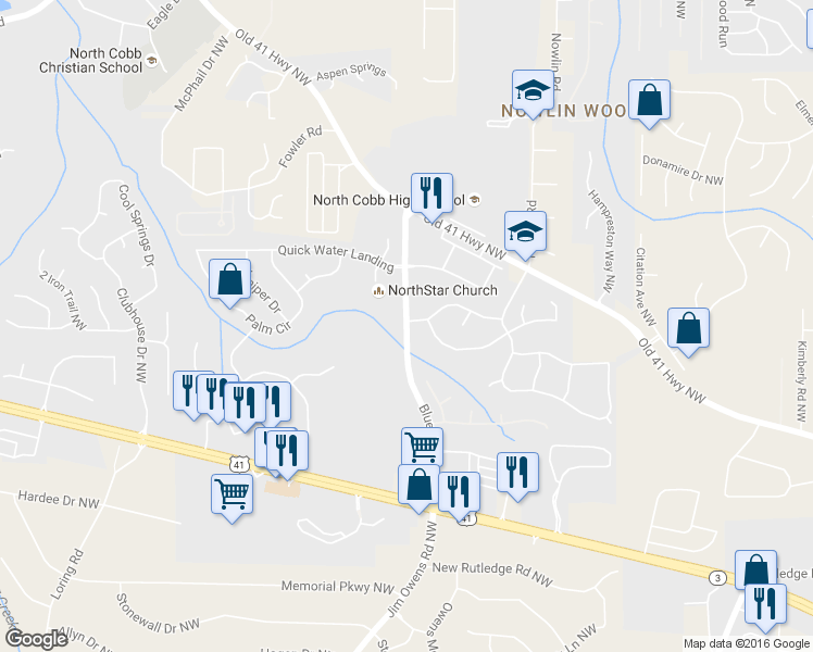 map of restaurants, bars, coffee shops, grocery stores, and more near 3335 Blue Springs Road Northwest in Kennesaw