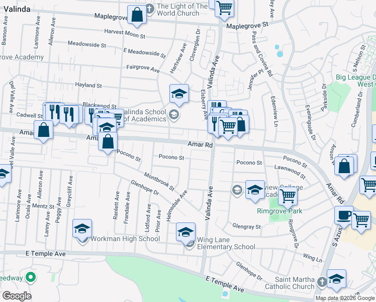 map of restaurants, bars, coffee shops, grocery stores, and more near 911 Helmsdale Avenue in La Puente