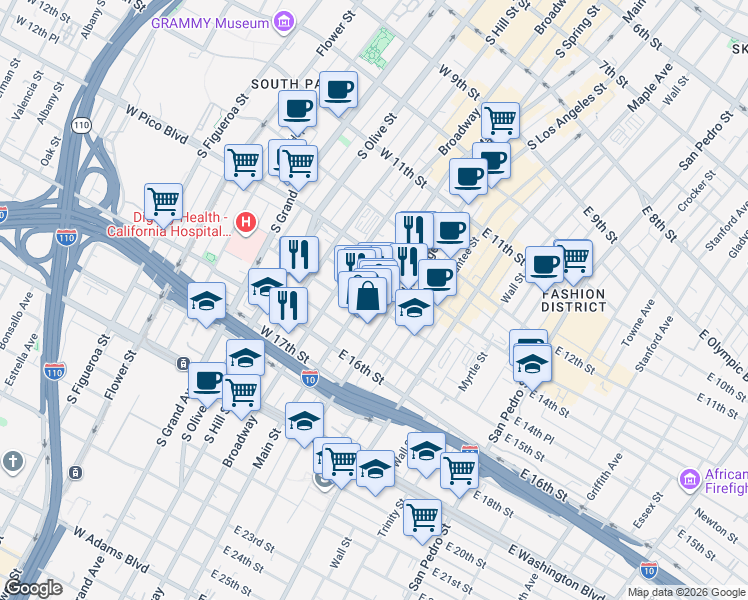 map of restaurants, bars, coffee shops, grocery stores, and more near 1410 South Main Street in Los Angeles