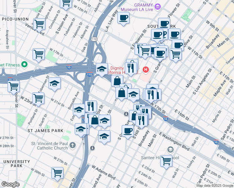 map of restaurants, bars, coffee shops, grocery stores, and more near 1815 Flower Street in Los Angeles