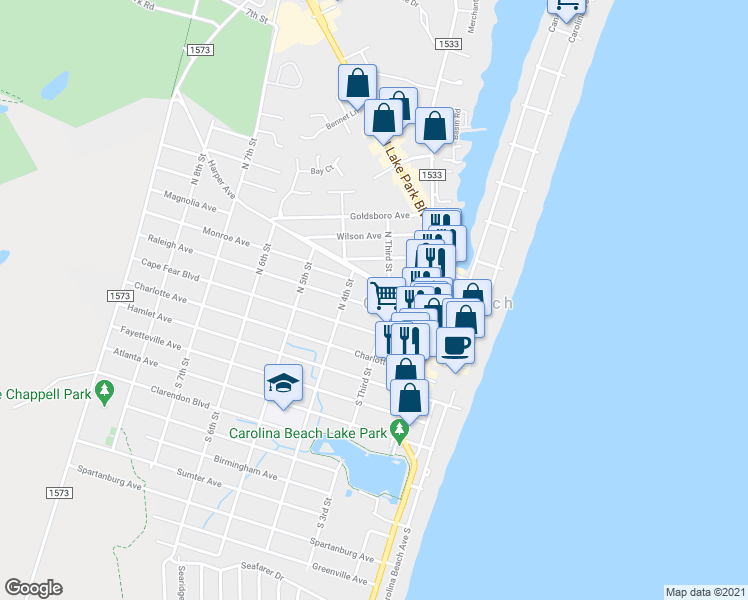 map of restaurants, bars, coffee shops, grocery stores, and more near 306 Raleigh Avenue in Carolina Beach