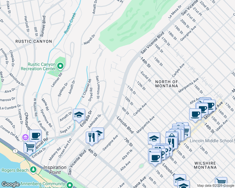 map of restaurants, bars, coffee shops, grocery stores, and more near in Santa Monica