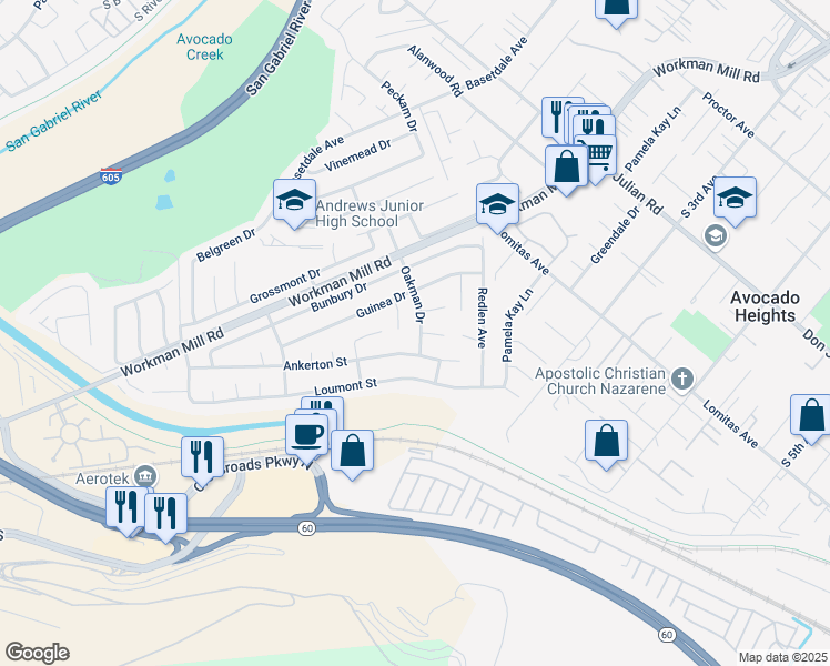 map of restaurants, bars, coffee shops, grocery stores, and more near 13559 Ankerton Street in Whittier