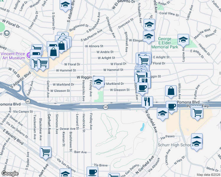 map of restaurants, bars, coffee shops, grocery stores, and more near 317 West Gleason Street in Monterey Park