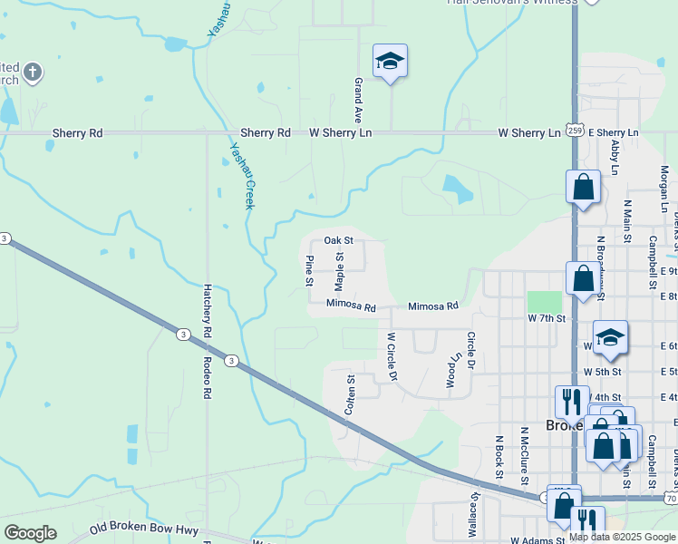 map of restaurants, bars, coffee shops, grocery stores, and more near Elm Street in Broken Bow