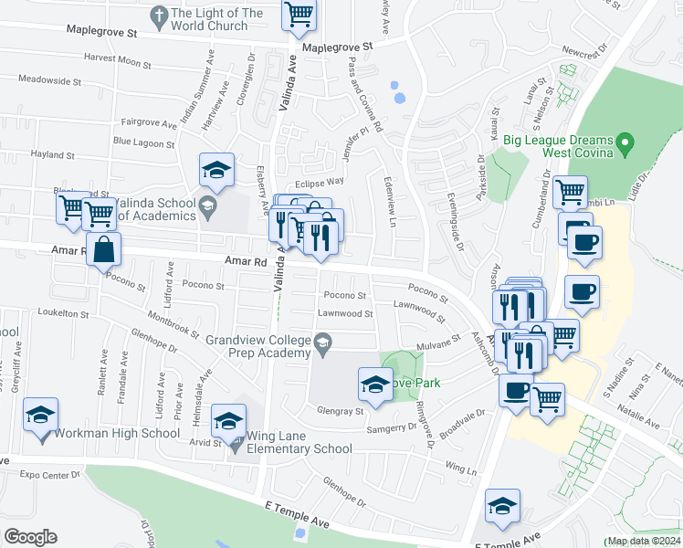 map of restaurants, bars, coffee shops, grocery stores, and more near 952 Graybar Avenue in La Puente