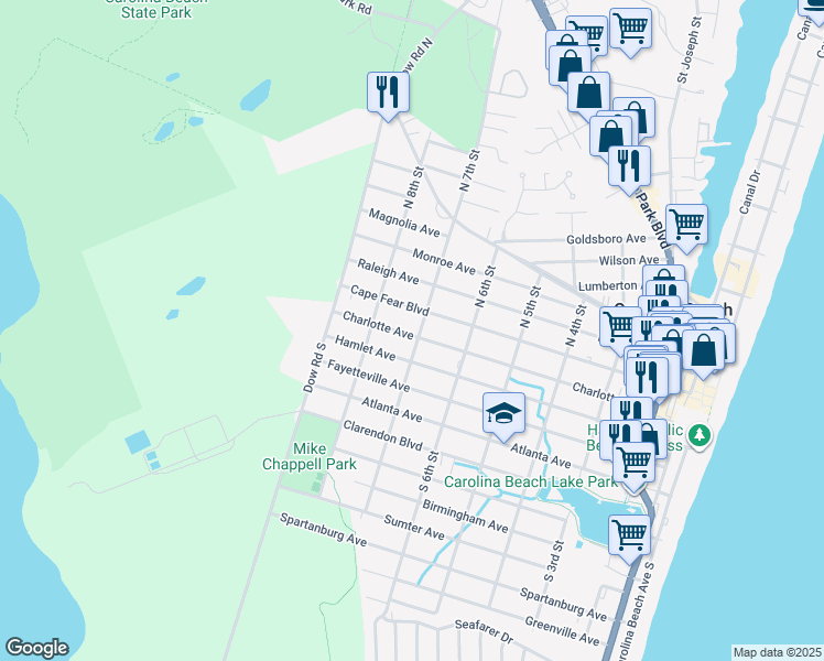 map of restaurants, bars, coffee shops, grocery stores, and more near 705 Charlotte Avenue in Carolina Beach