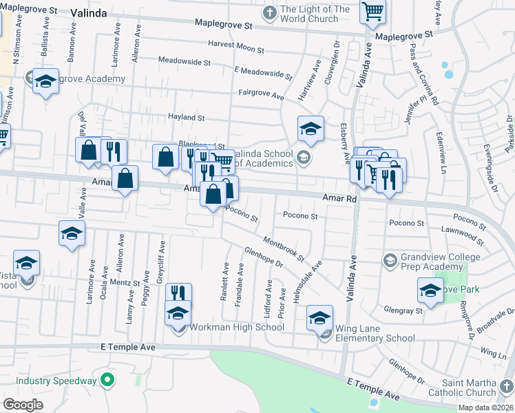 map of restaurants, bars, coffee shops, grocery stores, and more near 16211 Pocono Street in La Puente
