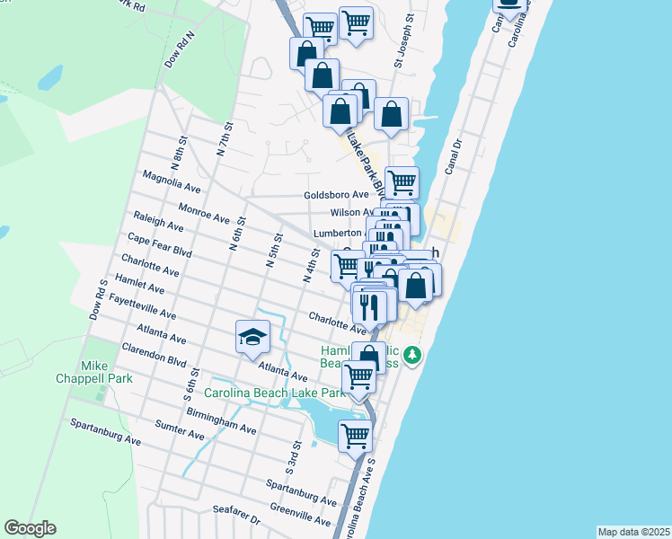 map of restaurants, bars, coffee shops, grocery stores, and more near 306 Raleigh Avenue in Carolina Beach
