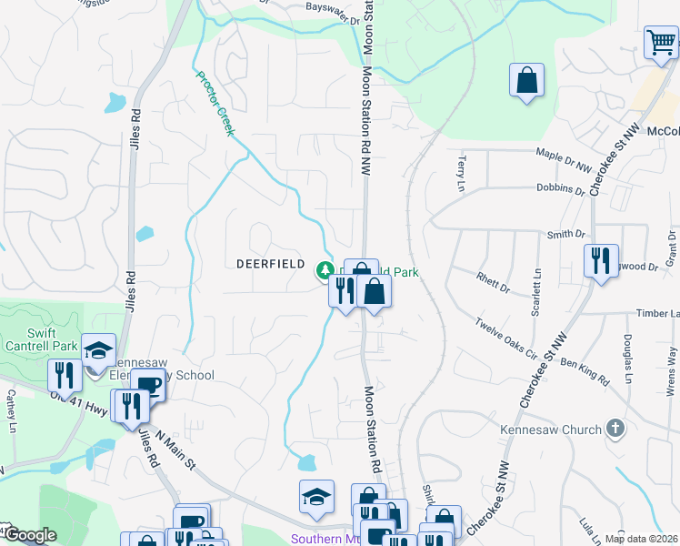 map of restaurants, bars, coffee shops, grocery stores, and more near 2390 Deerfield Drive in Kennesaw