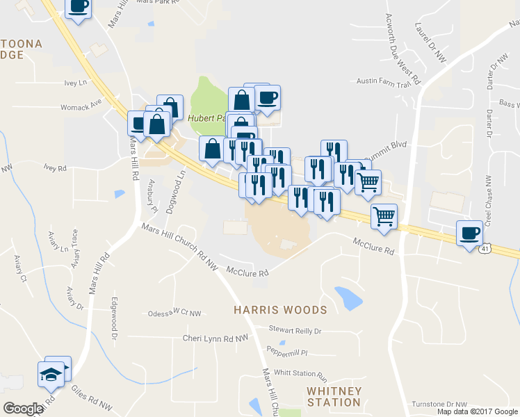map of restaurants, bars, coffee shops, grocery stores, and more near 3345 Cobb Parkway North in Atlanta
