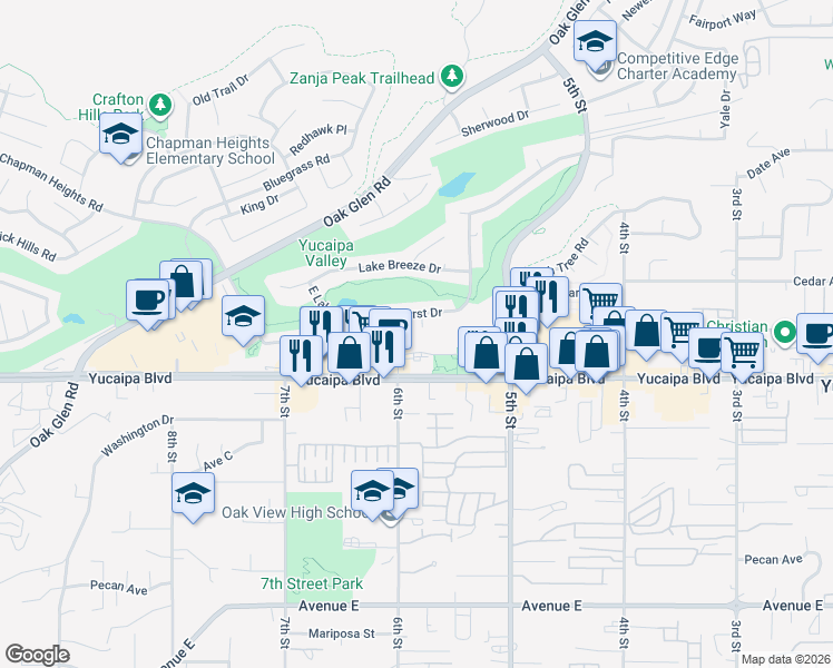 map of restaurants, bars, coffee shops, grocery stores, and more near 12020 Glen Abbey Court in Yucaipa