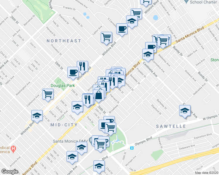 map of restaurants, bars, coffee shops, grocery stores, and more near 2815 Santa Monica Boulevard in Santa Monica