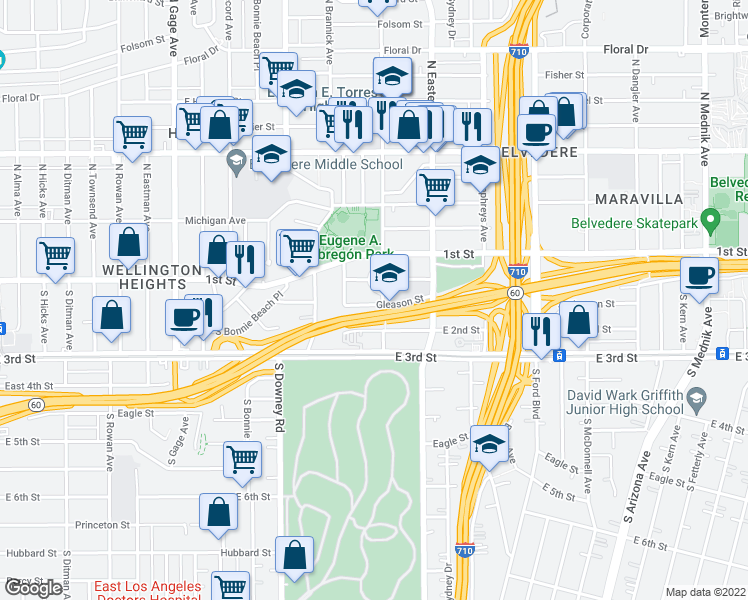 map of restaurants, bars, coffee shops, grocery stores, and more near 4135 Gleason Street in Los Angeles