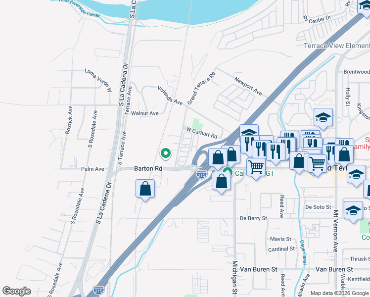 map of restaurants, bars, coffee shops, grocery stores, and more near 21845 Grand Terrace Road in Grand Terrace