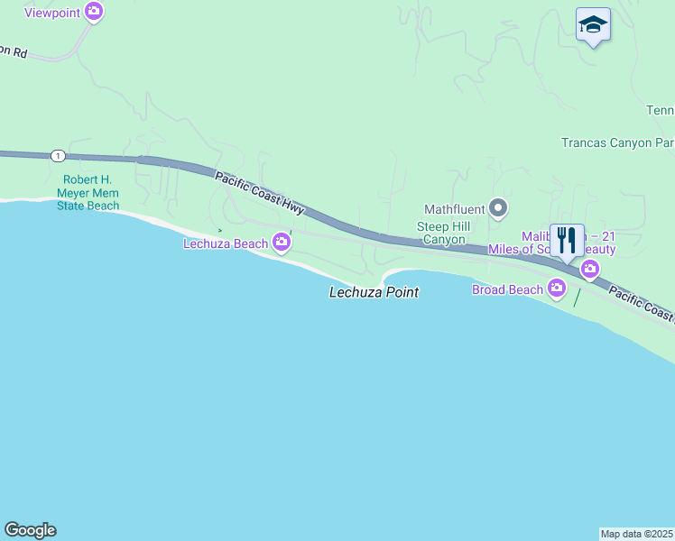 map of restaurants, bars, coffee shops, grocery stores, and more near 31646 Sea Level Drive in Malibu
