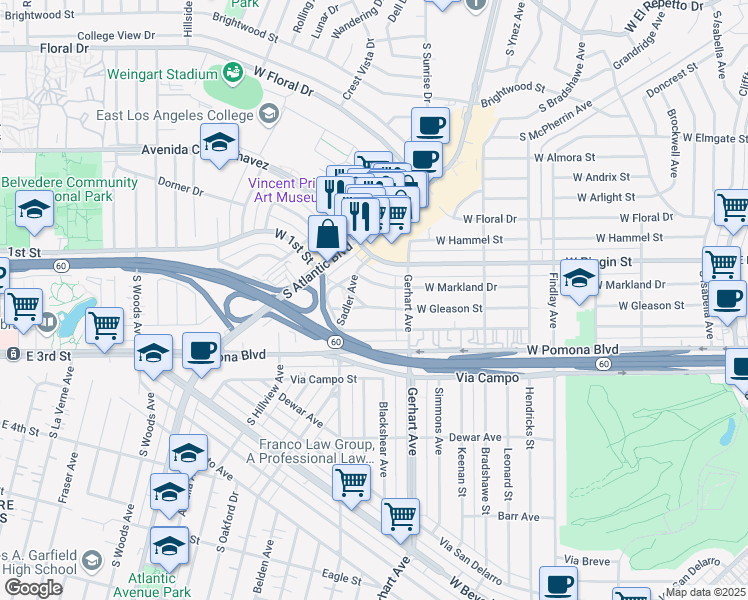 map of restaurants, bars, coffee shops, grocery stores, and more near 797 West Gleason Street in Monterey Park
