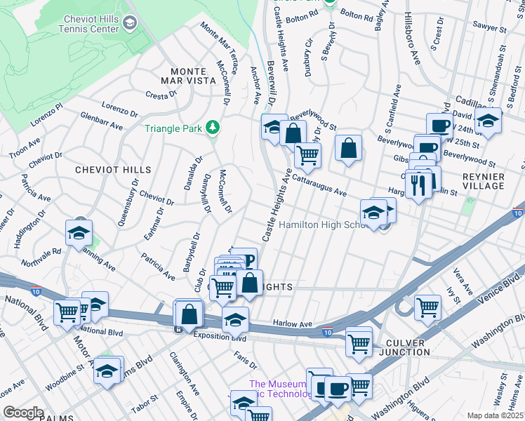 map of restaurants, bars, coffee shops, grocery stores, and more near 9820 Kincardine Avenue in Los Angeles